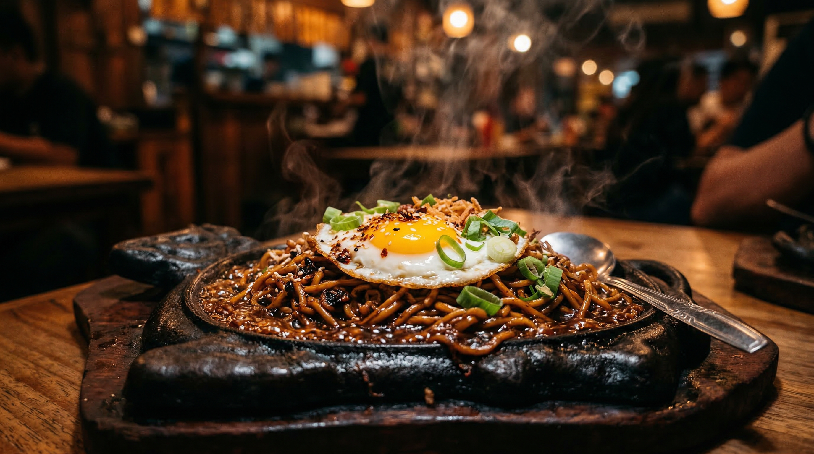 Mie Bakar Ngebul panas mengepul di atas hotplate besi
